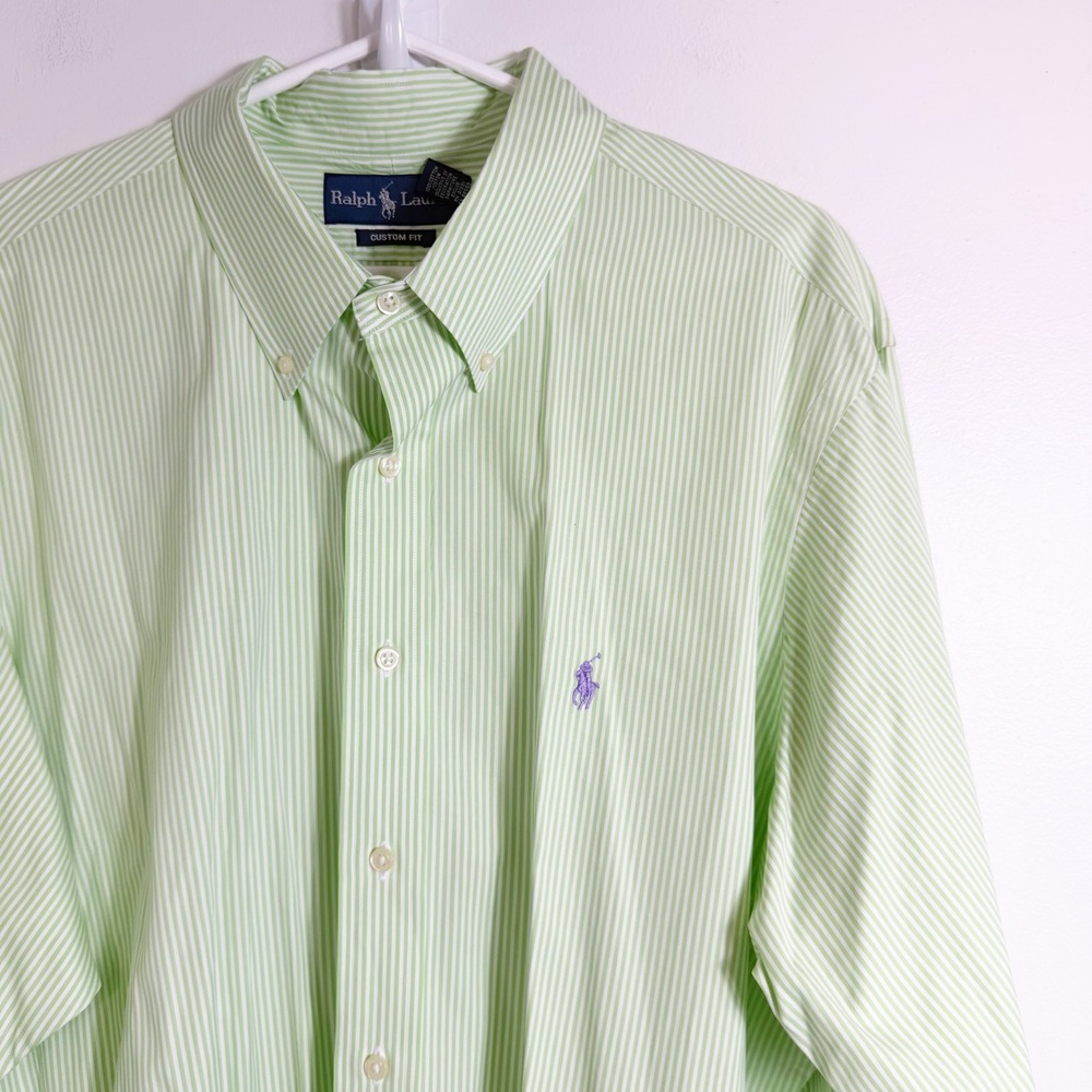 Ralph Lauren Button Down Men 18 36/37 Green Striped Custom Fit Long Sleeve Shirt